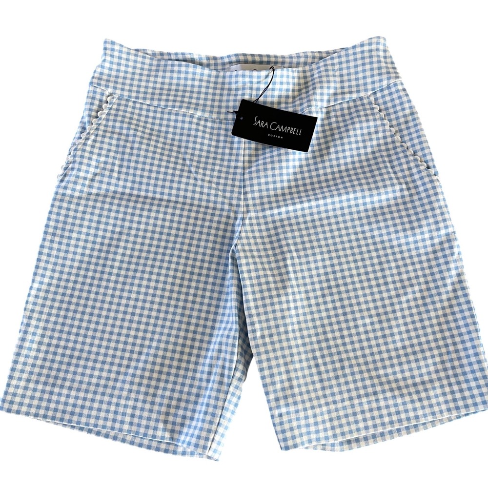 Sara Campbell Gingham Shorts Womens M‎ Blue White Scalloped Pocket Preppy Picnic